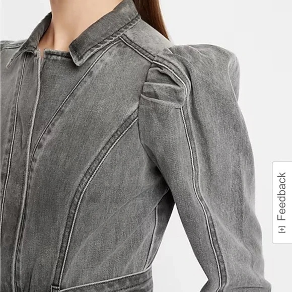 Express Puff Sleeve Tie Waist Gray Wash Denim Jumpsuit - Picture 5 of 6